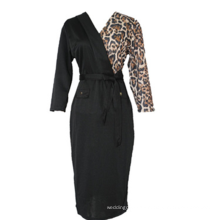 Slim Sheath Belt Mid-calf Black Leopard Patchwork African Office Dress